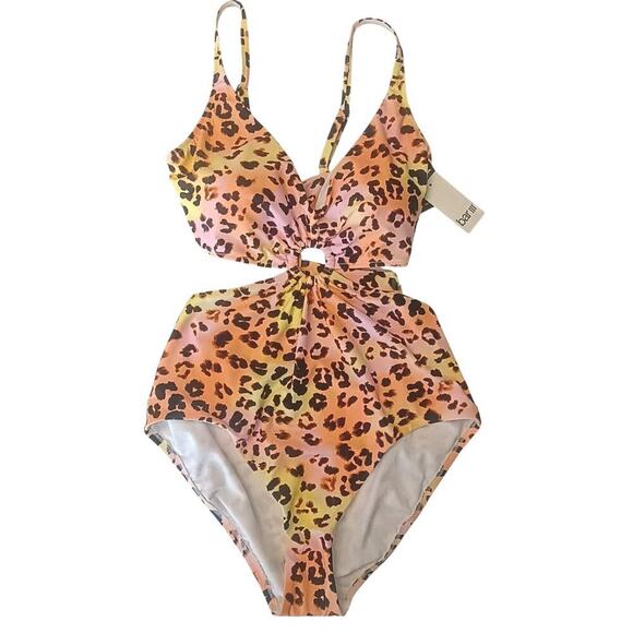 Bar lll Animal Print O-Ring Monokini Swimsuit Large Pink/Black/Yellow NWT - Picture 3 of 9